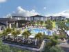 A modern apartment complex with a large outdoor pool, lounge chairs, cabanas, and landscaped gardens.
