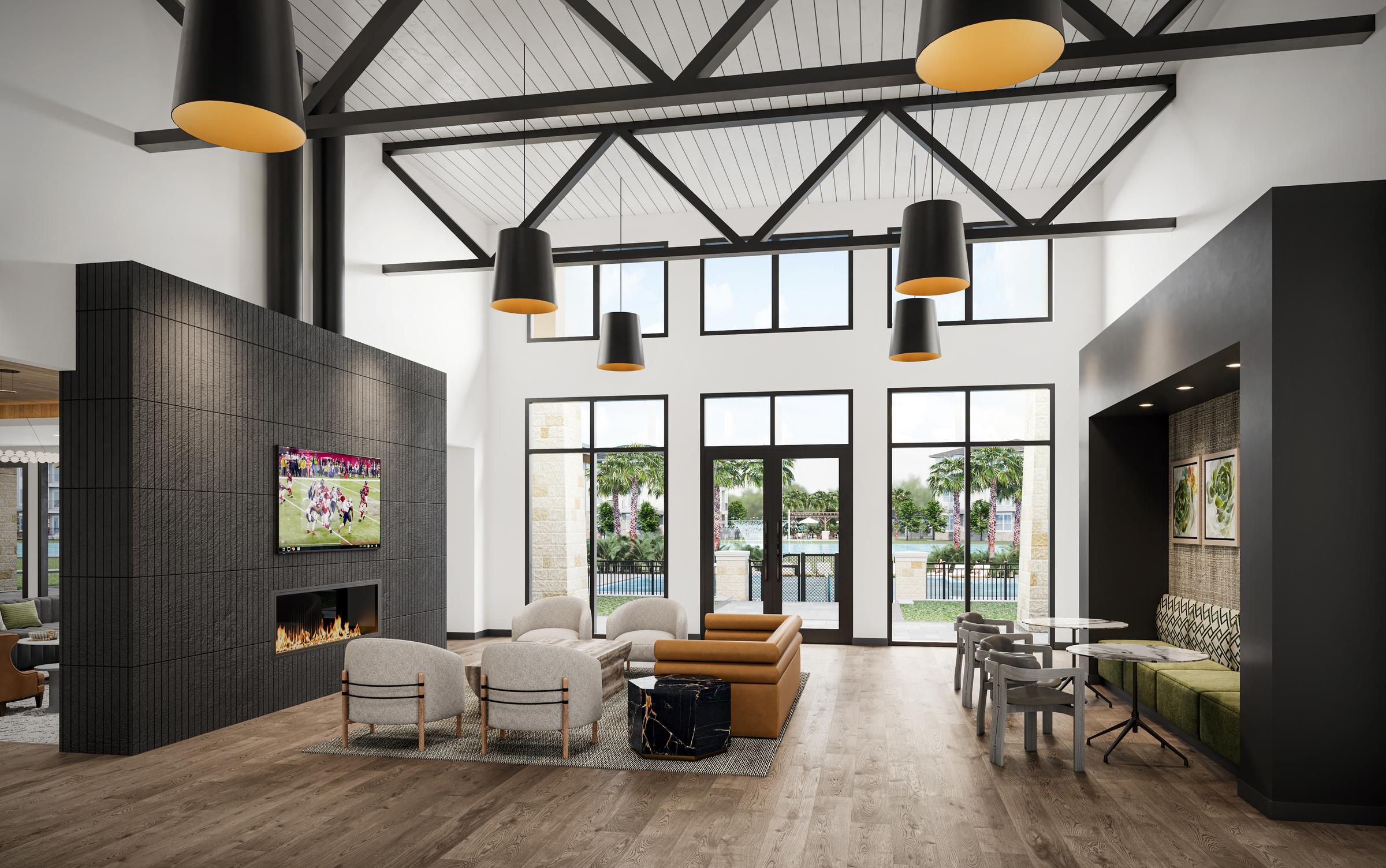 Modern lounge with wood ceiling, long table, chairs, sofas, TV on wall, and large windows in back.