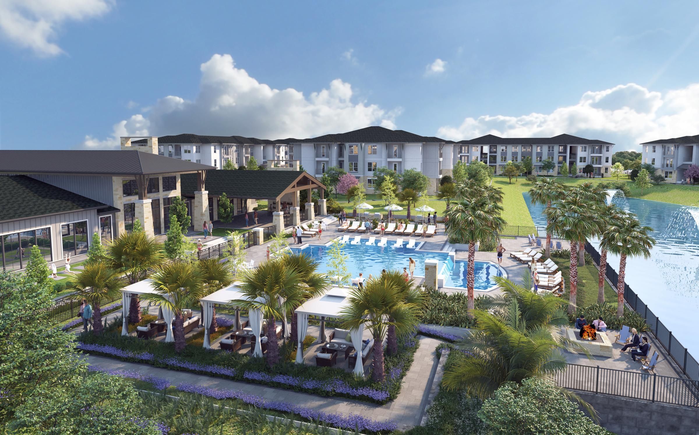 A modern apartment complex with a large outdoor pool, lounge chairs, cabanas, and landscaped gardens.